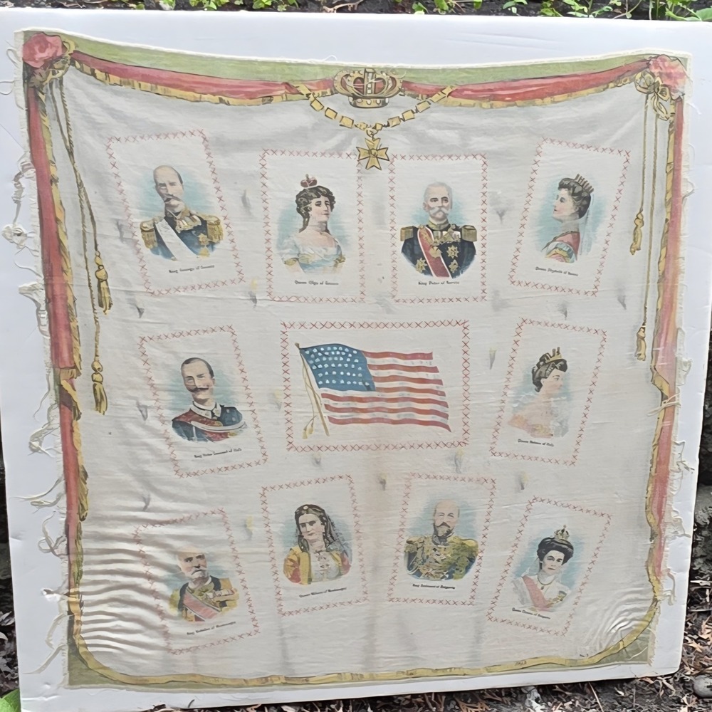 Antique Silk Tobacco Rug American European Royalty Monarchs Textile WWI Era